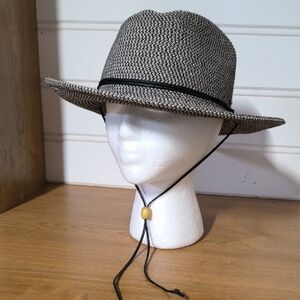 C.C Gray Braided Straw Sun Hat with Black Chin Cord